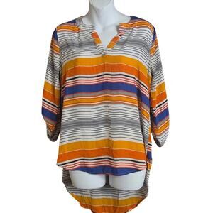 Cato Multi Stripe Tunic Blouse Size S Orange Blue Yellow 3/4 Sleeve